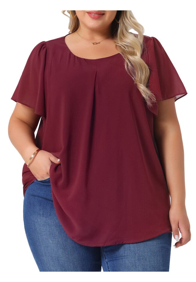 Ruffle Short Sleeve Double-Layered Chiffon Blouse, Burgundy / Burgundy, alternate image number 2