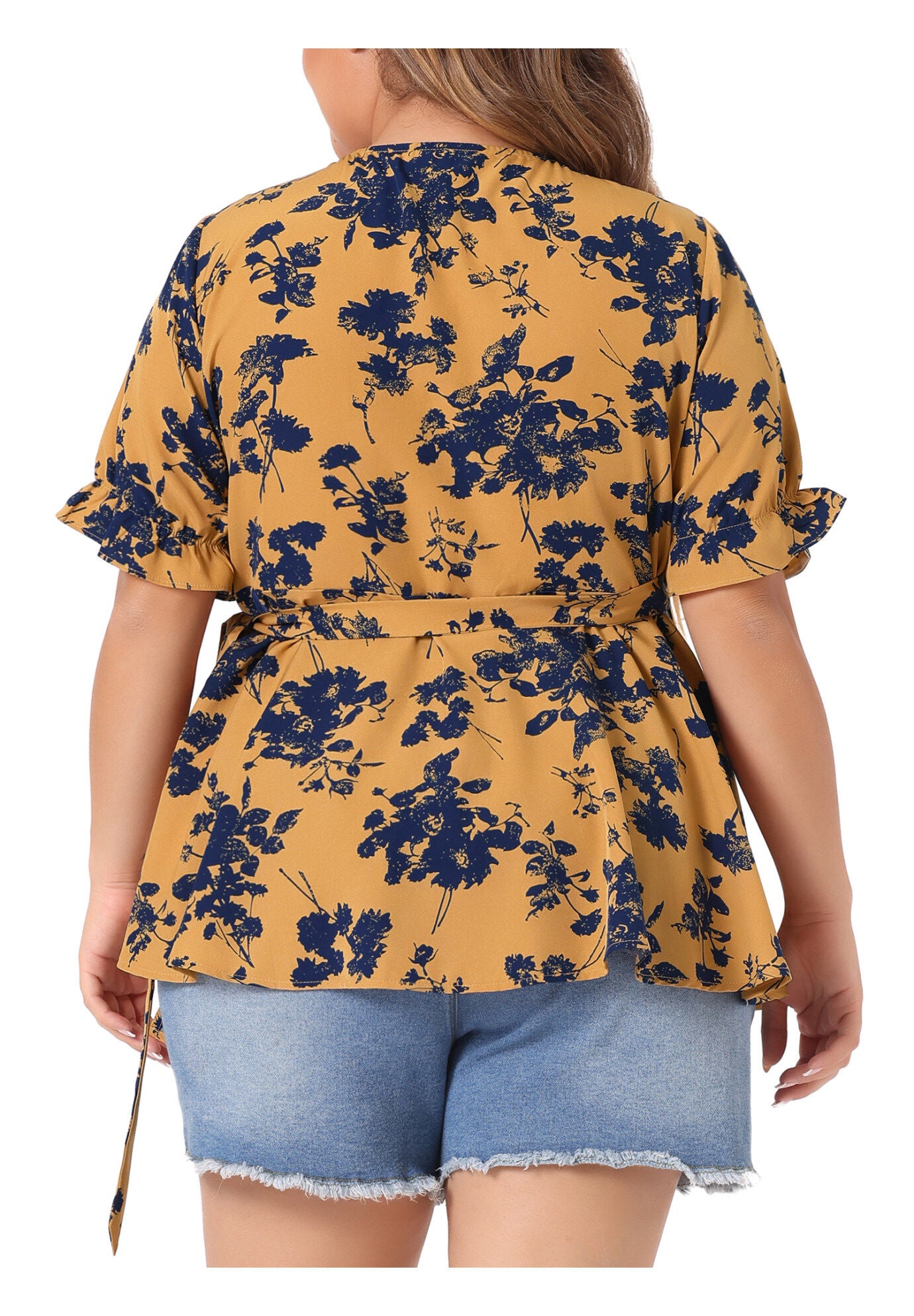 Floral Ruffle Sleeve Faux Wrap Peplum Blouse, Yellow / Yellow, alternate image number 3