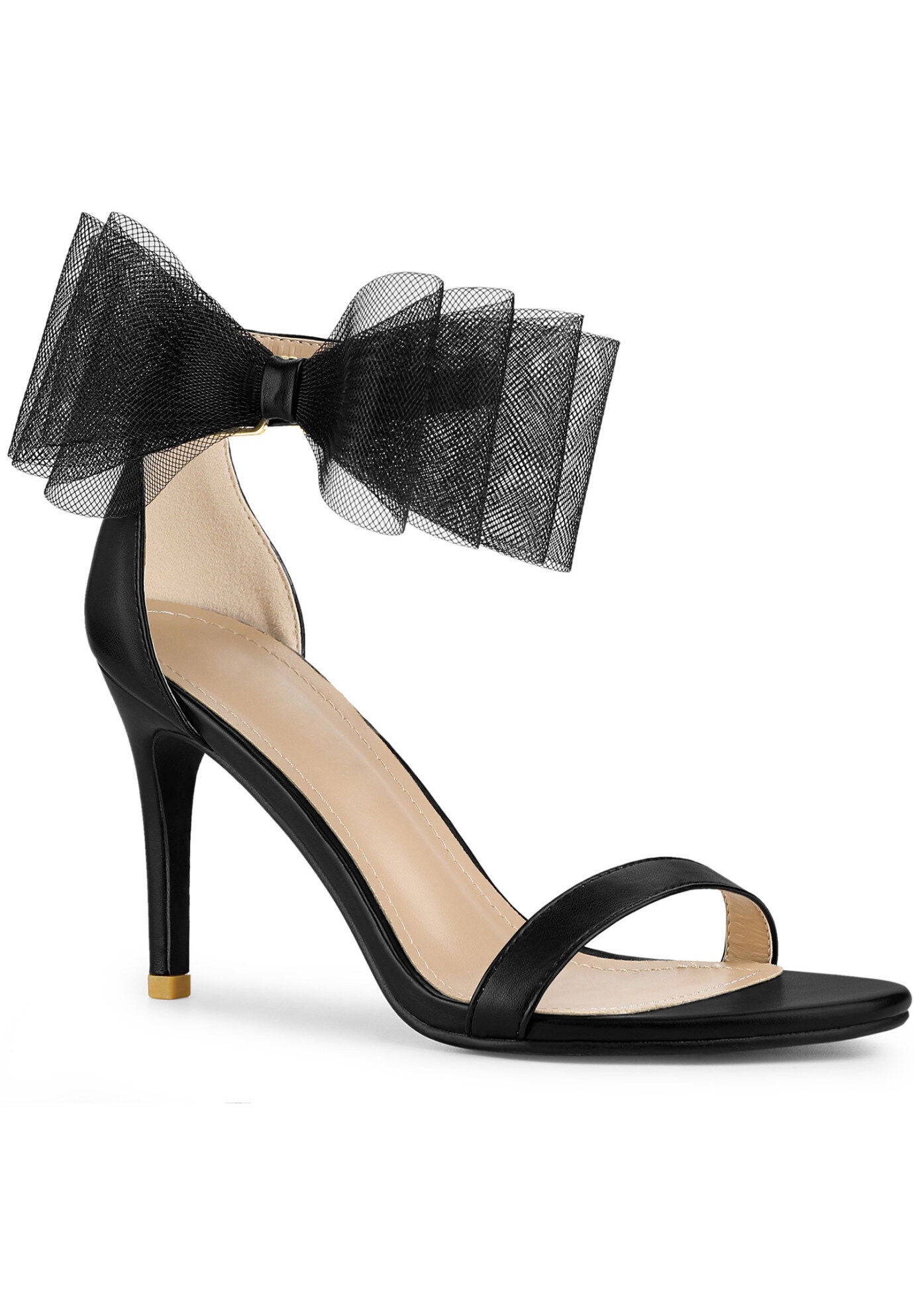 Open Toe Bow Tie Stiletto Heel Sandals, Black / Black, hi-res image number 0