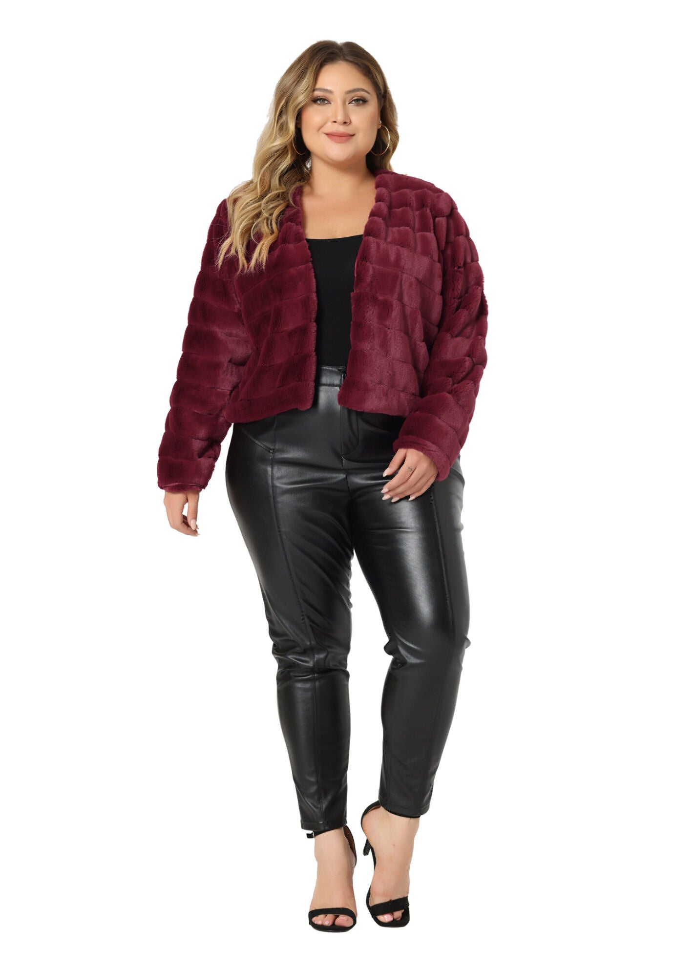 OPEN FRONT CROPPED FAUX FUR WINTER FLUFFY JACKET, Burgundy / Red, hi-res image number 0
