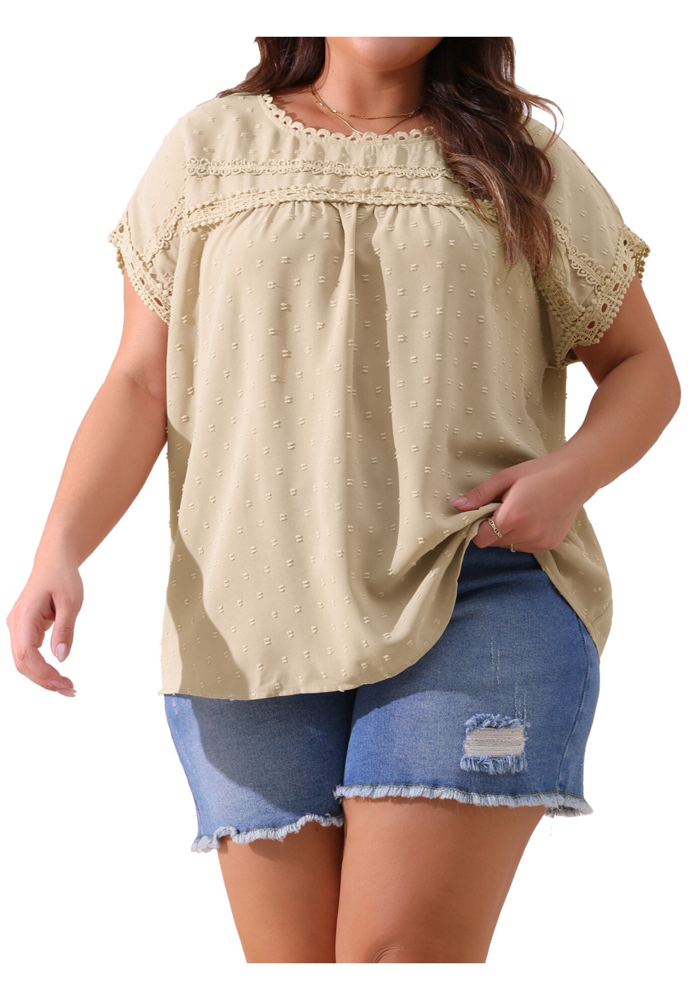 Swiss Dots Lace Crochet Short Sleeve Chiffon Blouse, Apricot / Cream, alternate image number 2