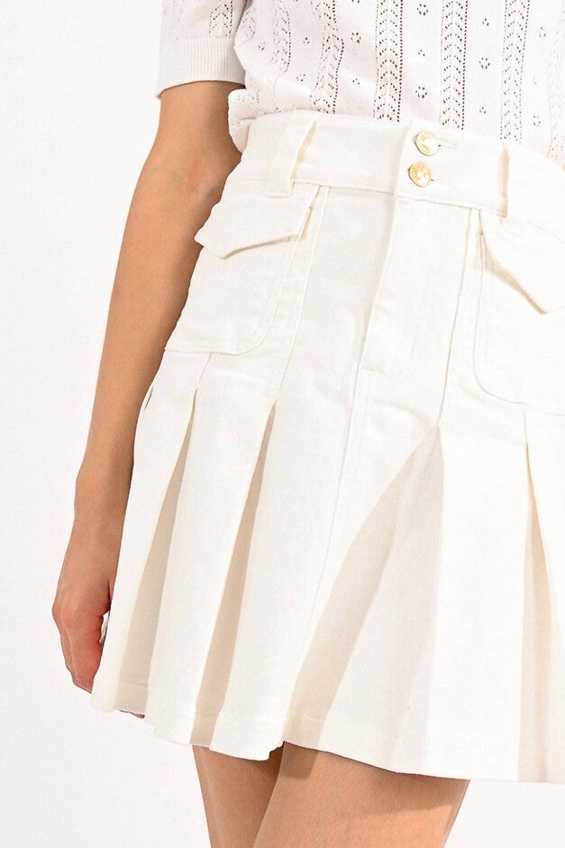 PLEATED DENIM TENNIS SKIRT IN WHITE, , alternate image number null