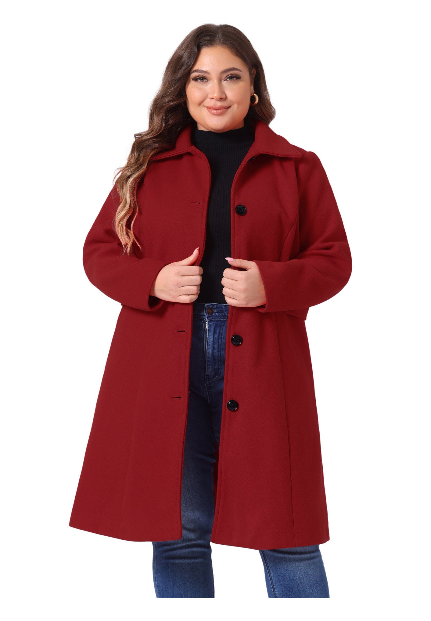 SINGLE BREASTED BELTED WINTER LONG COAT, Dark Red / Red, alternate image number 2