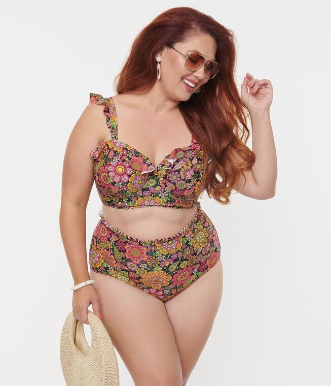 Unique Vintage Kaleidoscope Floral Cape May Swim Bottoms, Kaleidoscope Floral / Black, alternate image number null