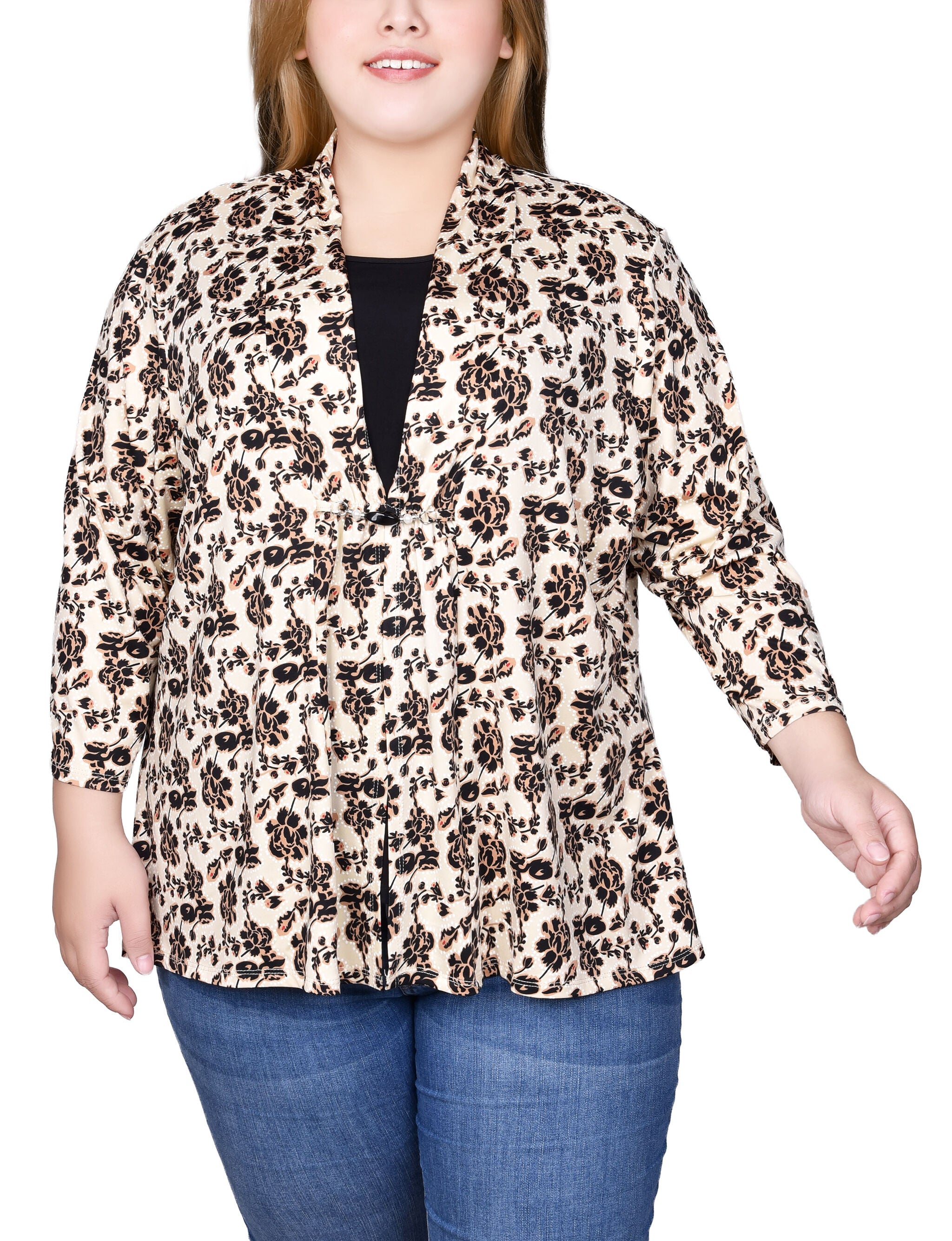 Puff Print 3/4 Sleeve Two-Fer Top, Nude Black Floral, hi-res image number 0