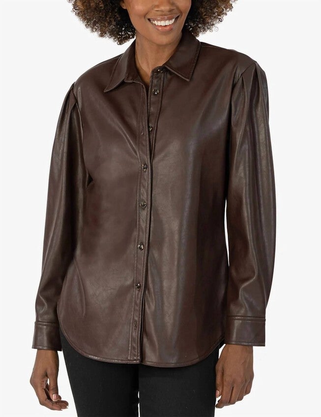 HENRIETTA PLEATHER BUTTON DOWN TOP IN CHOCOLATE, Chocolate / Brown, hi-res image number 0