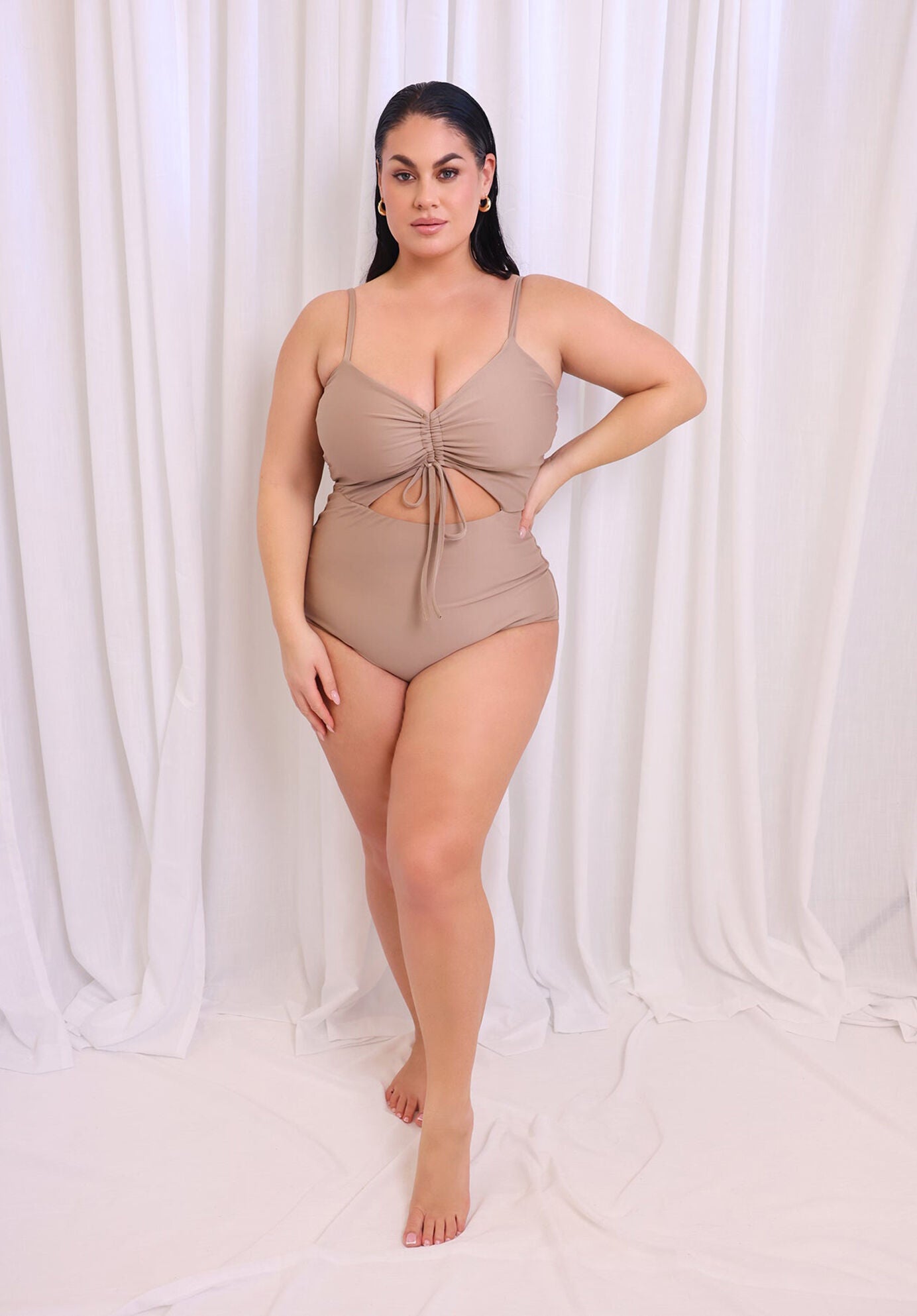 Amara Drawstring Cut Out Swimsuit, Beige / Beige, alternate image number 1