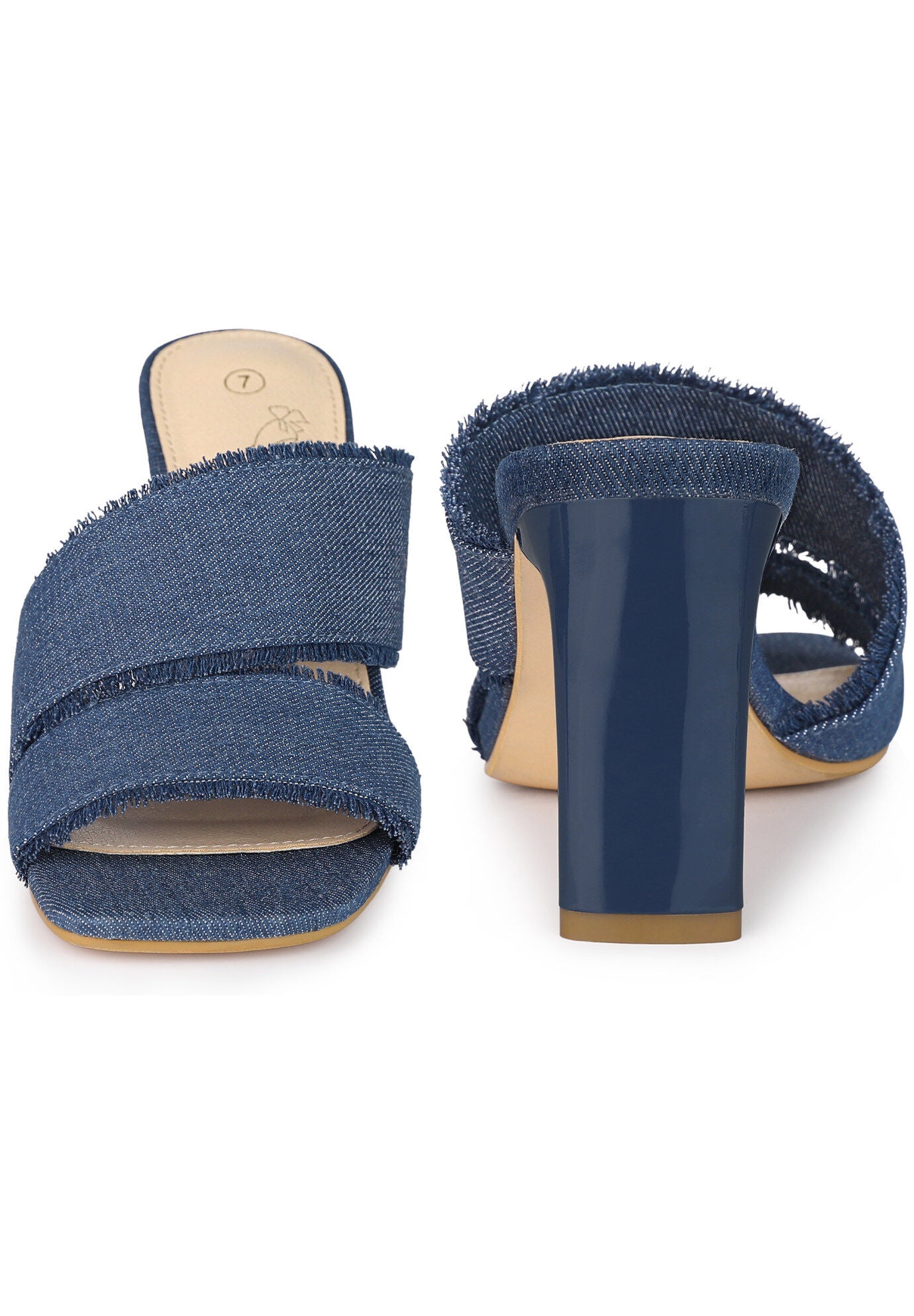 Denim Sandals Chunky Heels Slides Mules, Blue / Navy, alternate image number 1