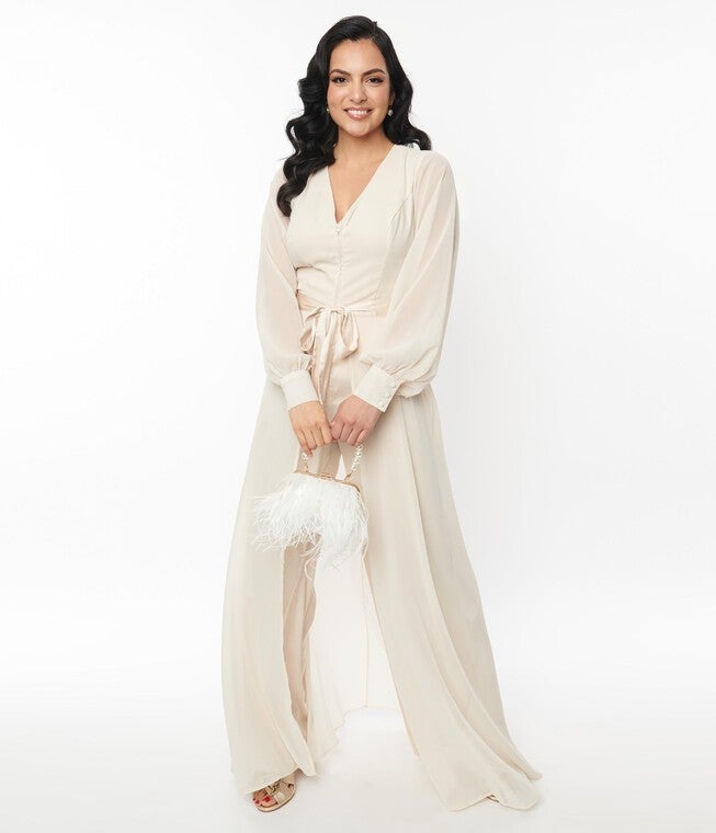 Unique Vintage Ivory Jumpsuit & Skirt Overlay, White / White, hi-res image number null