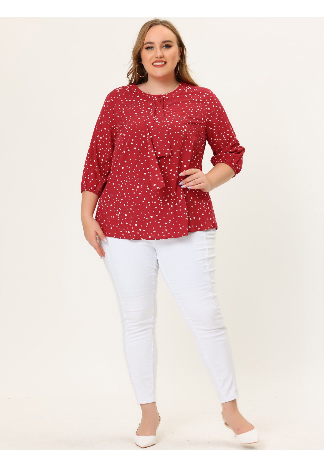 Work Round Neck Ruffle Chiffon Blouse Top, Red White / Red, hi-res image number 0