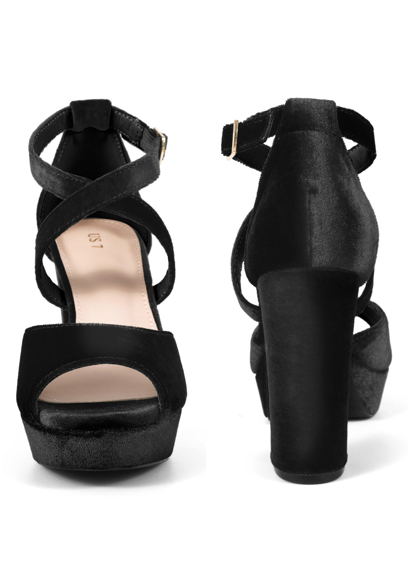 Peep Toe Pumps Velvet Block Heel Platform Sandals, Black / Black, alternate image number 2