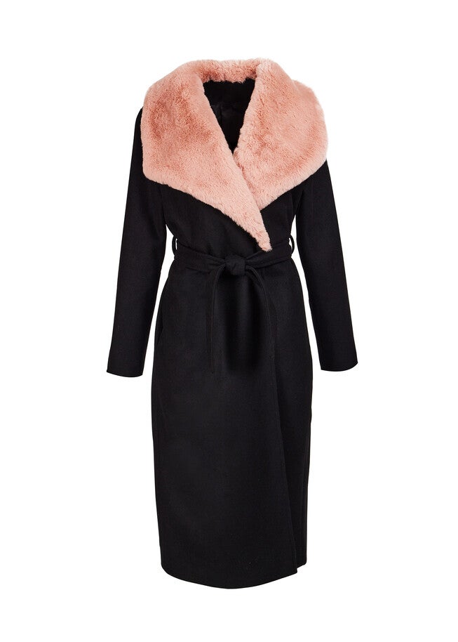 Faux Fur Collar Wrap Coat, Black / Black, alternate image number null