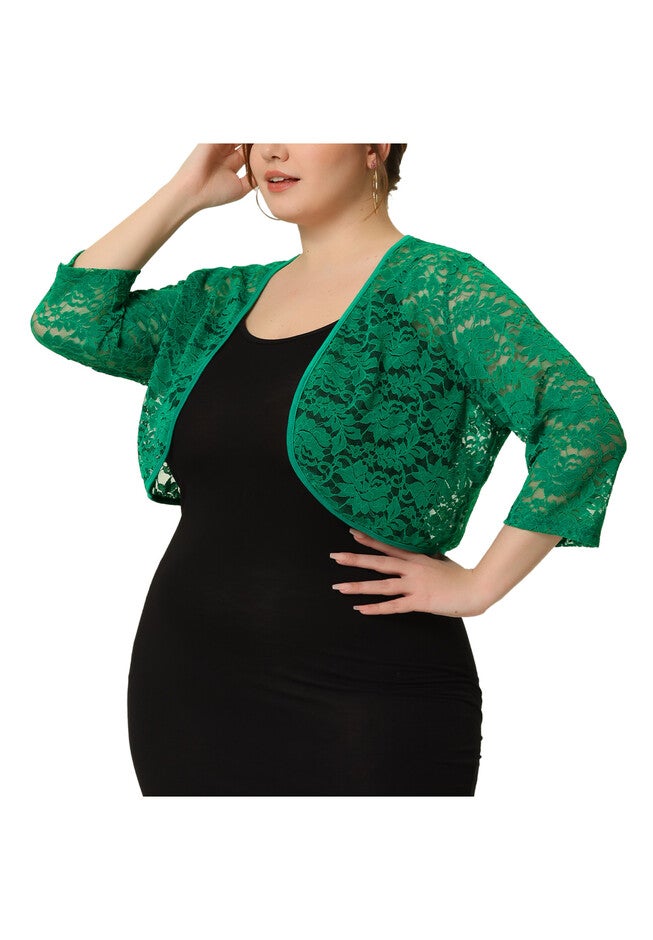 FLORAL LACE SHRUG 3/4 SLEEVE LIGHTWEIGHT SHEER BOLERO CARDIGAN, Green / Forest Green, alternate image number 2