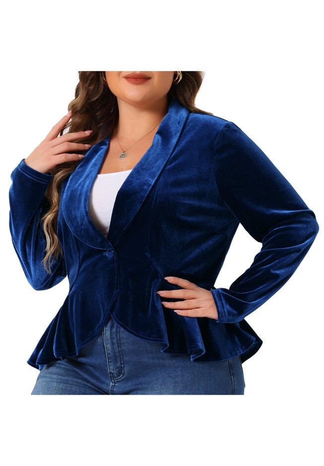 RUFFLE CARDIGAN VELVET PEPLUM BLAZER, Blue / Royal Blue, alternate image number 1
