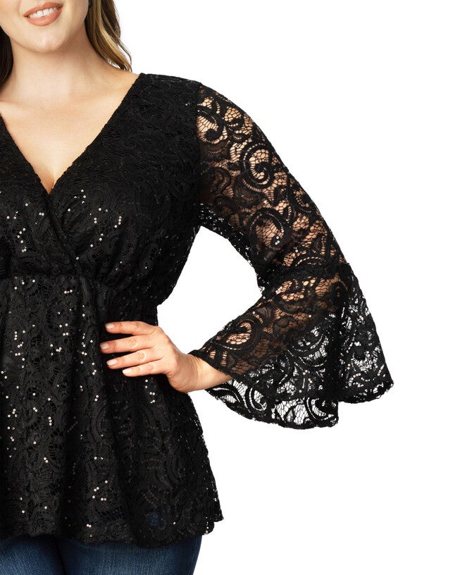 Sequin Sparkle Bell Sleeve Lace Top, ONYX / Black, alternate image number null