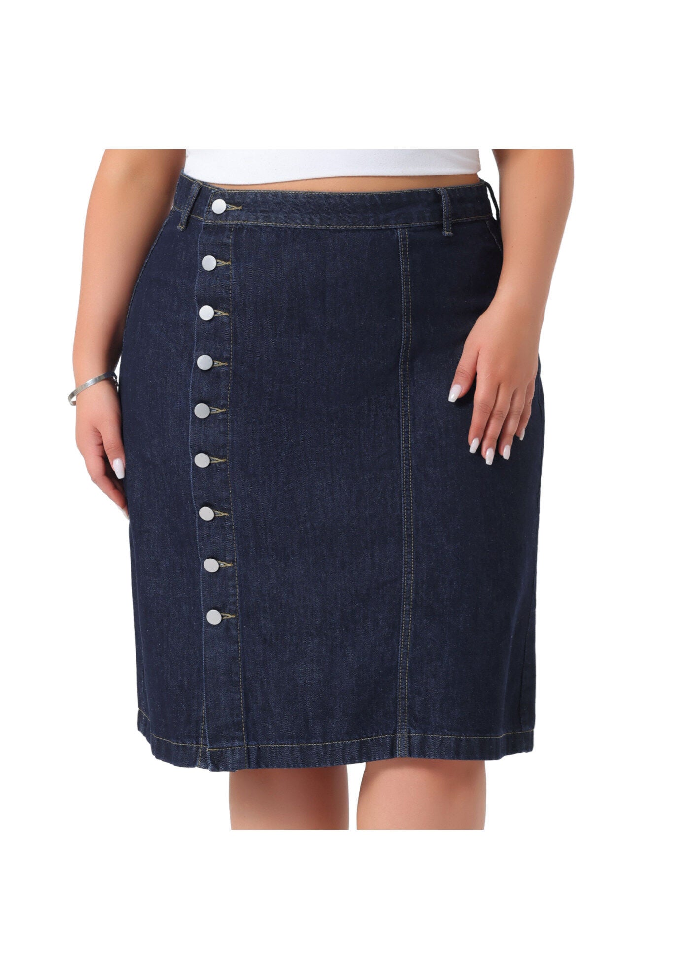 Denim Button Front High Waist A Line Midi Jean Skirt, Dark Blue / Navy, alternate image number 1