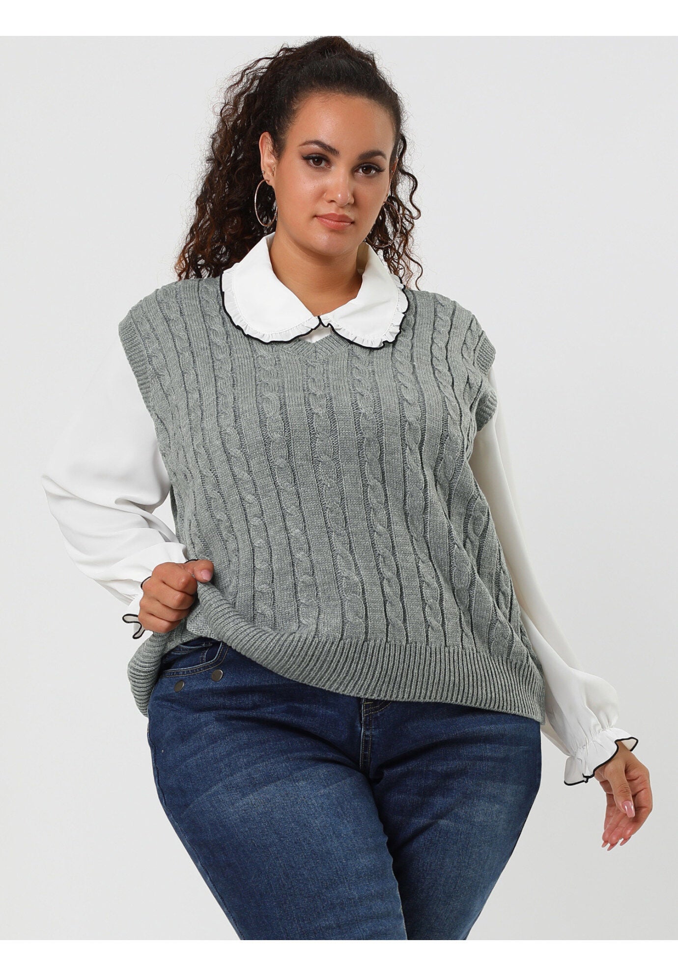 V Neck Cable Knit Sweater Sleeveless Pullover Sweater Vest, Gray / Cool Gray, alternate image number 3
