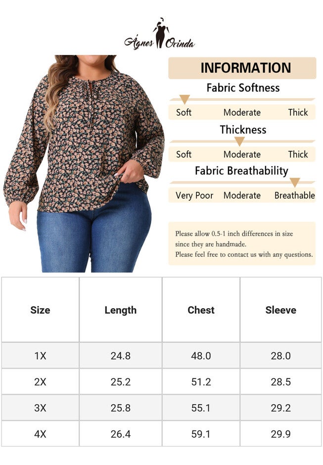 Round Neck Drawstring Long Sleeve Floral Blouse, Black / Black, alternate image number 4