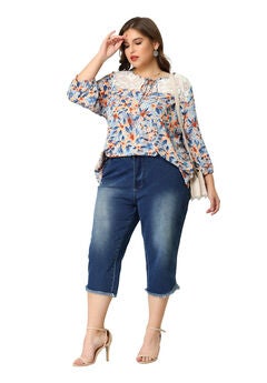 3/4 Sleeve Tie Neck Lace Floral Summer Blouse