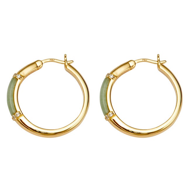 .18 TCW CZ Cabochon Cut Genuine Green Jade 18k Yellow Gold-plated Hoop Earrings, Green / Forest Green, alternate image number 1