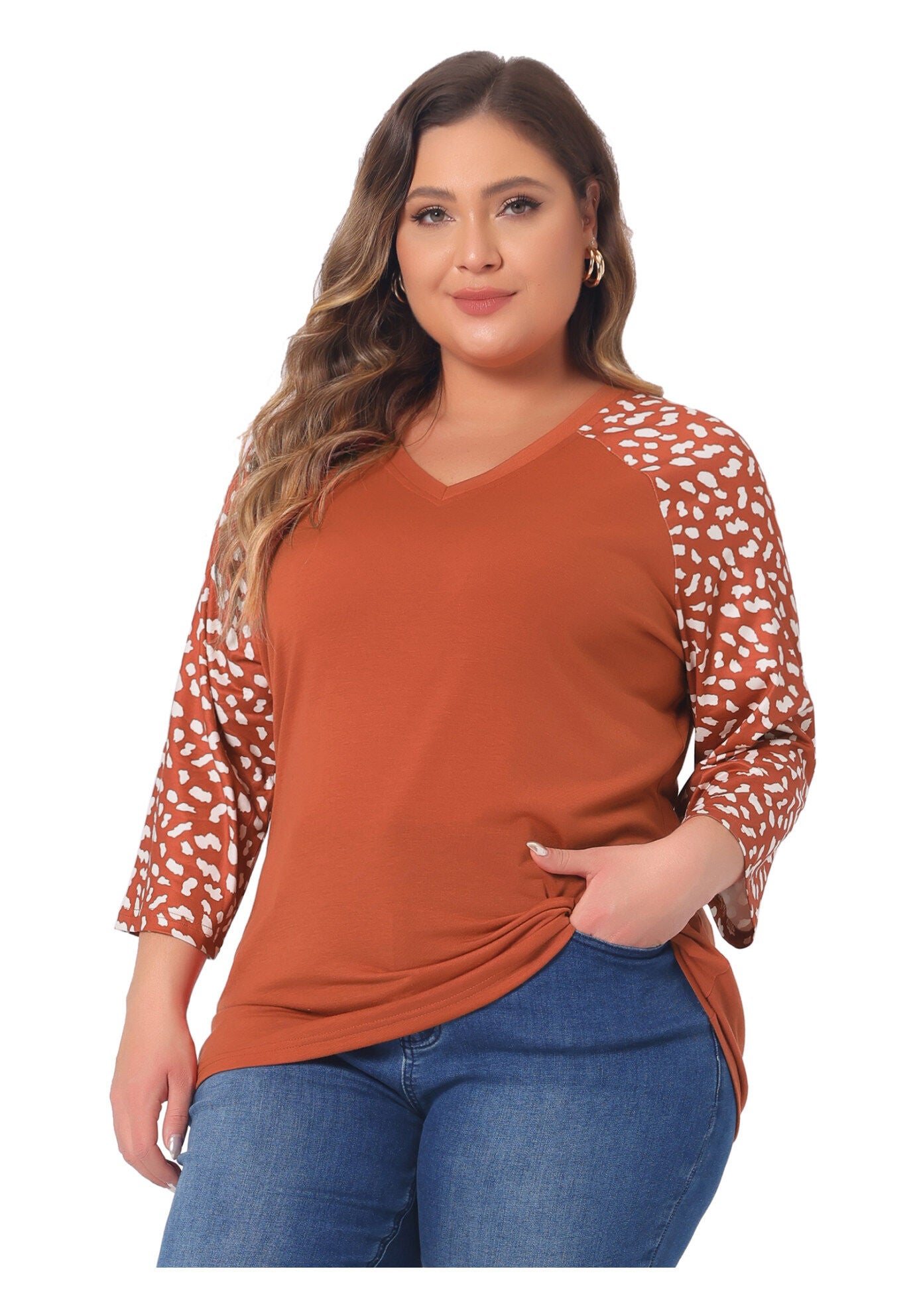 Casual V Neck 3/4 Sleeve Floral Raglan Top, Orange / Orange, alternate image number 2
