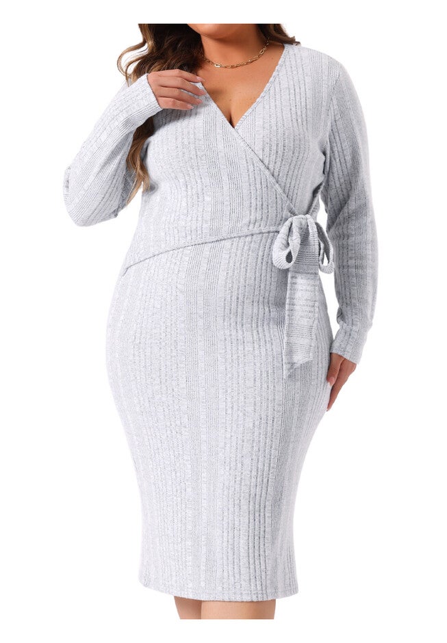 Wrap V Neck Long Sleeve Back Slit Elegant Midi Dress with Belted, Light Gray / Light Grey, alternate image number 2