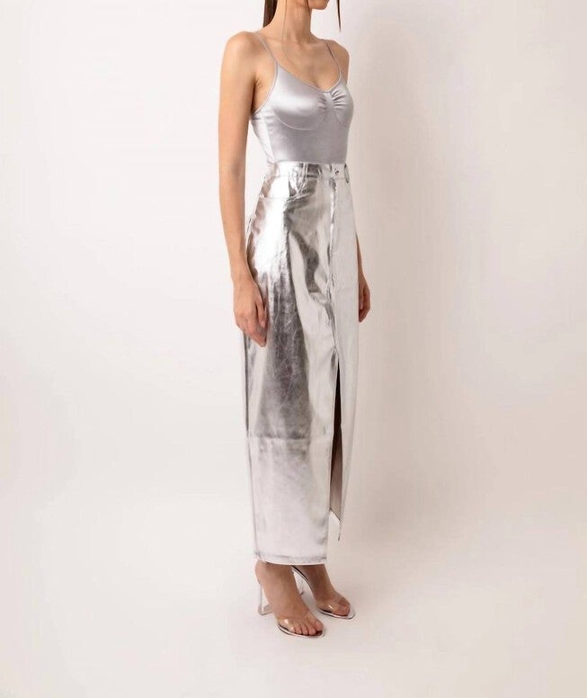 LUPE METALLIC MAXI SKIRT IN SILVER, Silver / Silver, alternate image number null