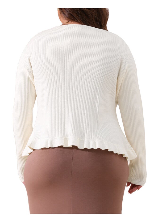 KNIT SWEATER OPEN FRONT RUFFLED BUTTON CARDIGAN, Beige / Beige, alternate image number 3