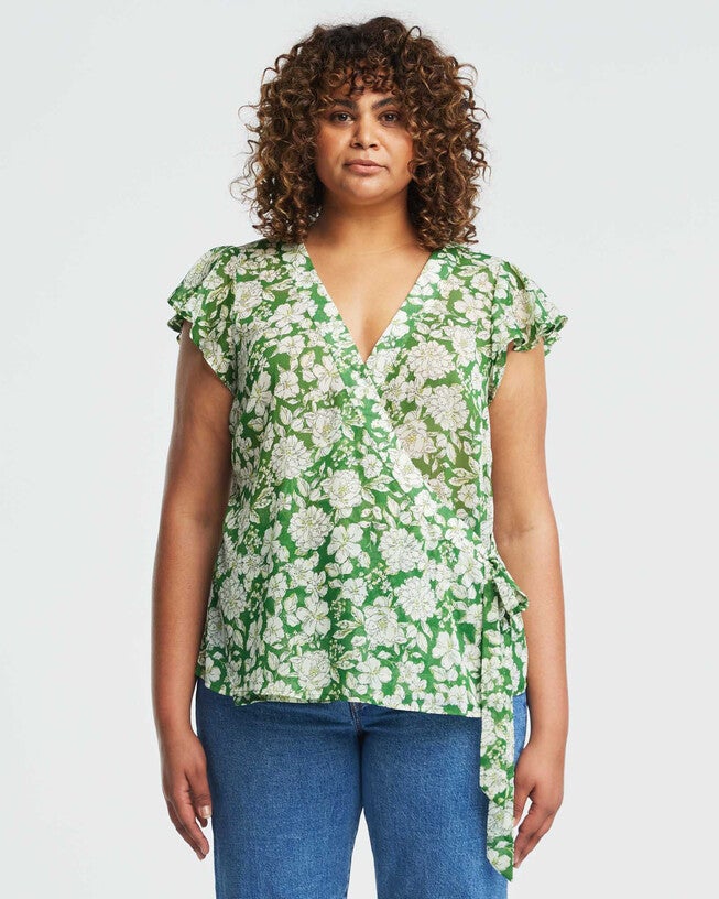 Sheer Floral Field Wrap Top, Print / Kelly Green, hi-res image number null