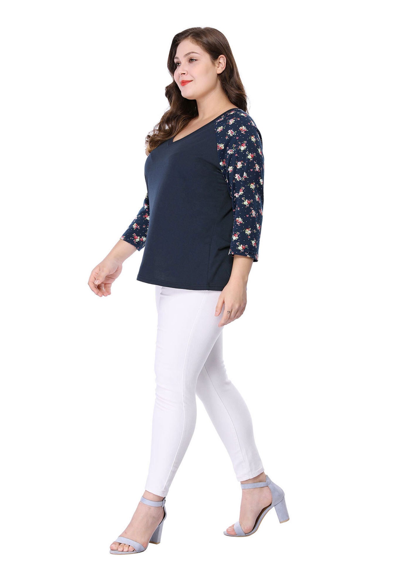 Casual V Neck 3/4 Sleeve Floral Raglan Top, Blue / Navy, alternate image number 1