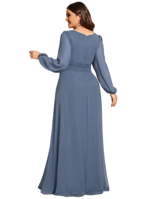 Chiffon High Empire Waist Puff Sleeve Mother Dress, Dusty Navy / Dusty Blue, alternate image number null