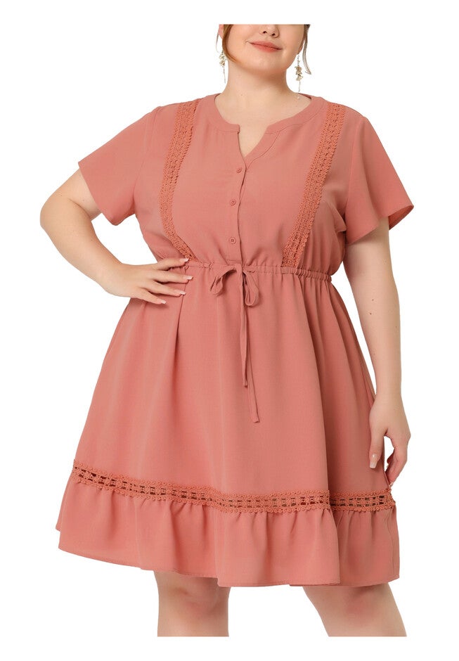 Button V Neck Summer Midi Ruffle A Line Swing Dress, Pink / Pink, alternate image number 2