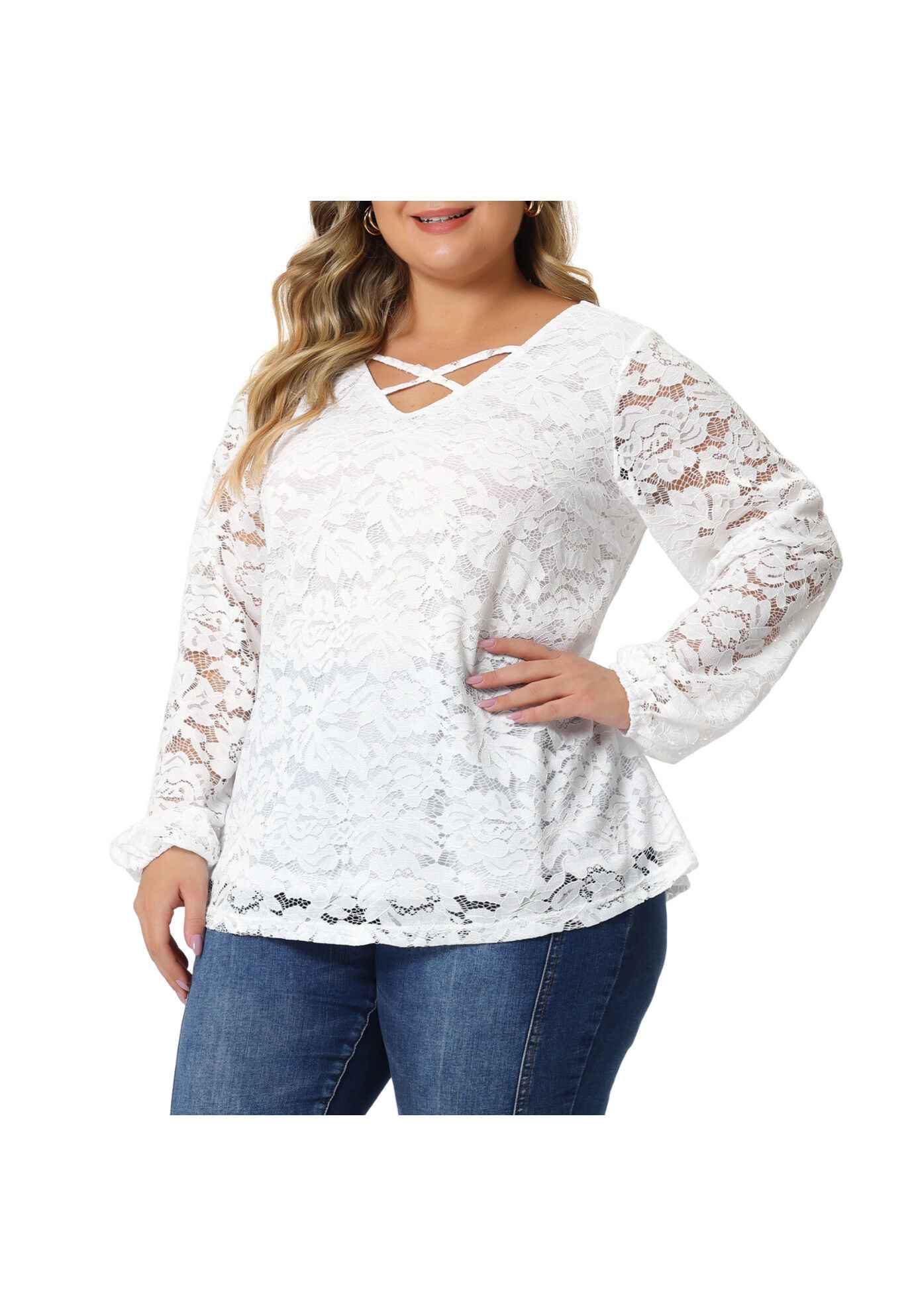LACE BLOUSE CROSS V NECK SHEER DOUBLE LAYER LONG SLEEVE TOP, White / White, alternate image number 2