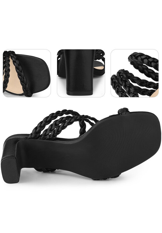 Braided Heeled Square Toe Chunky Heels Slide Sandals, Black / Black, alternate image number null