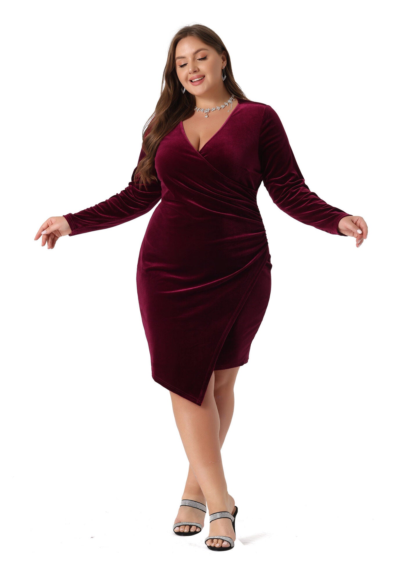 Long Sleeve Velvet Bodycon Wrap V Neck Ruched Cocktail Dress, Burgundy / Burgundy, hi-res image number 0