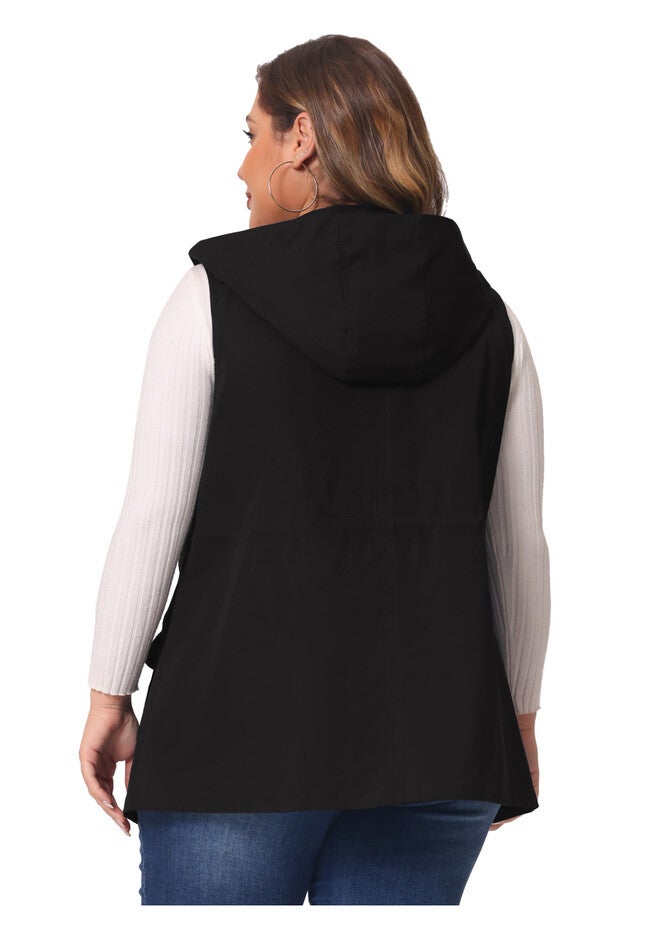 DRAWSTRING LIGHTWEIGHT SLEEVELESS CARGO HOODED ANORAK UTILITY VEST, Black / Black, alternate image number 3