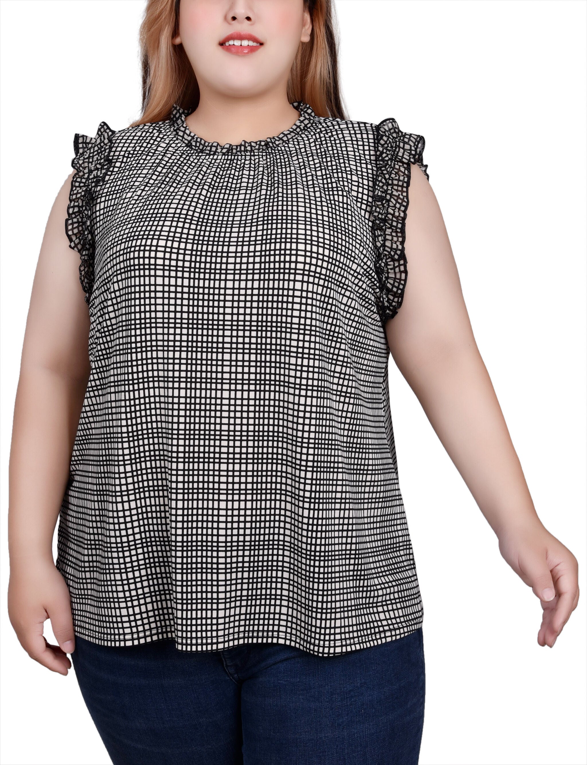 Sleeveless Crepe Top With Chiffon Ruffles, Windowpane / white, hi-res image number 0