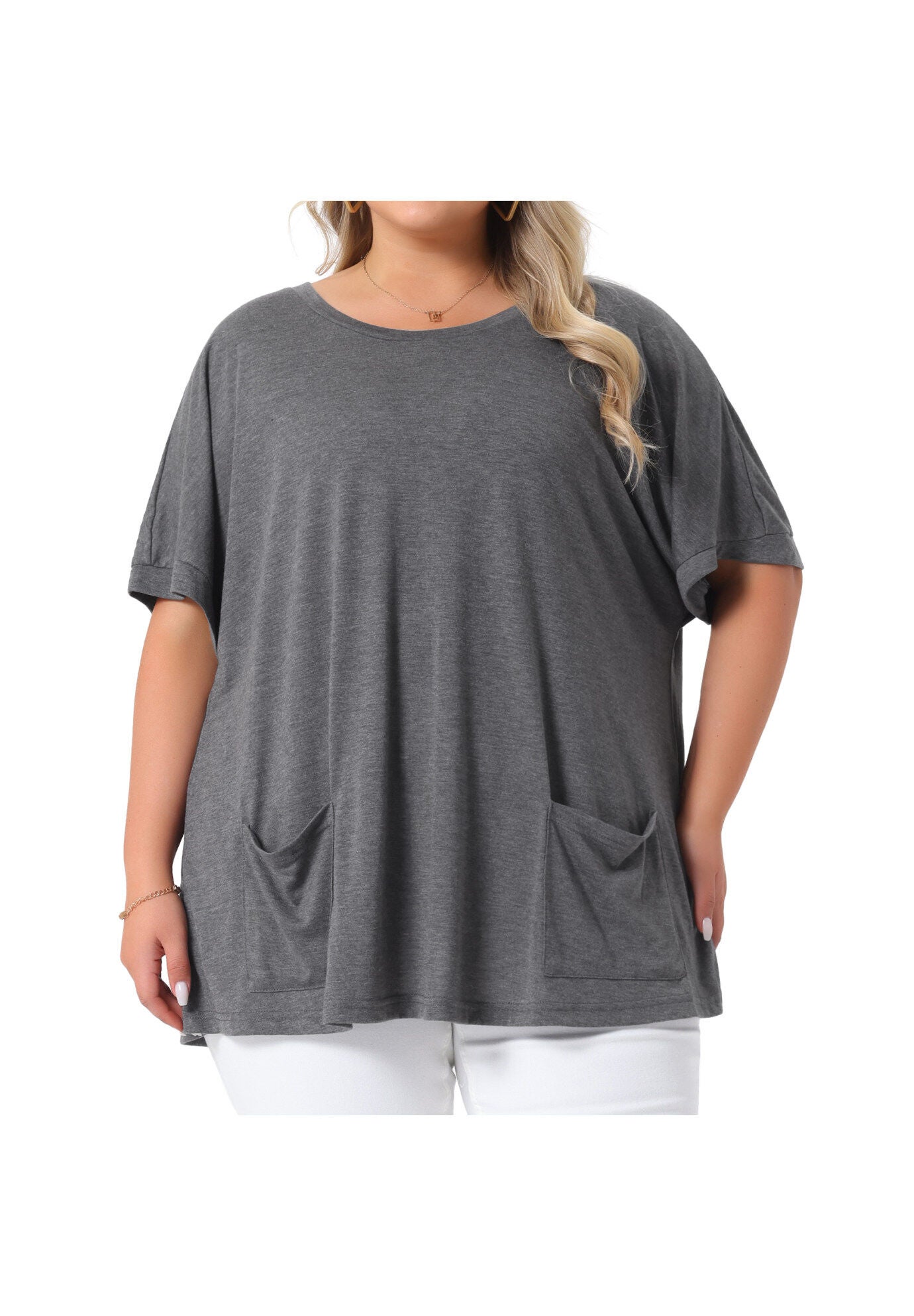 Short Sleeve Top Loose Fit Summer T-Shirt with Pocket, Grey / Charcoal Grey, alternate image number 1