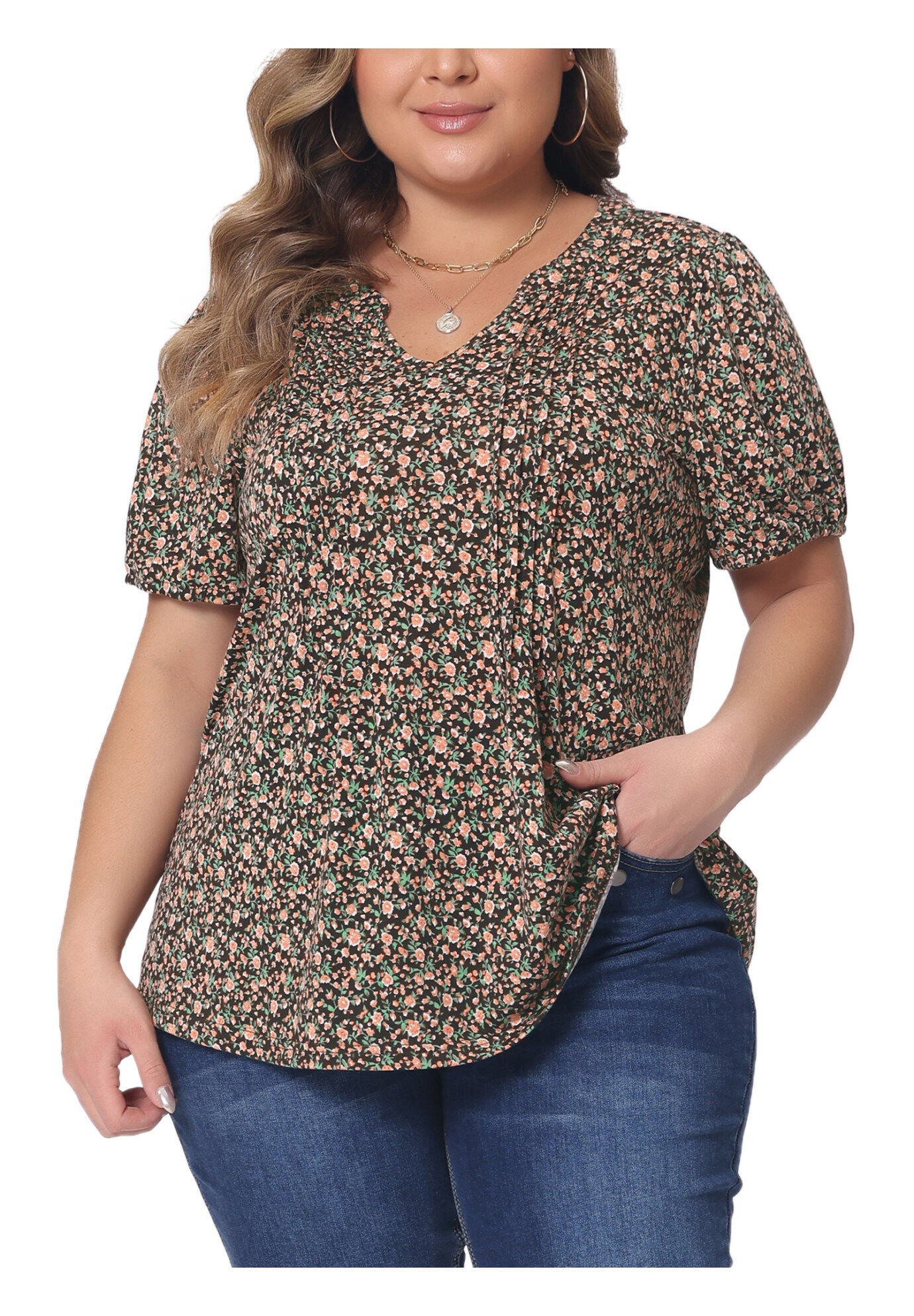 Short Sleeve Pleated T-Shirts Notched V Neck Blouse Floral Top, Brown / Brown, alternate image number 1