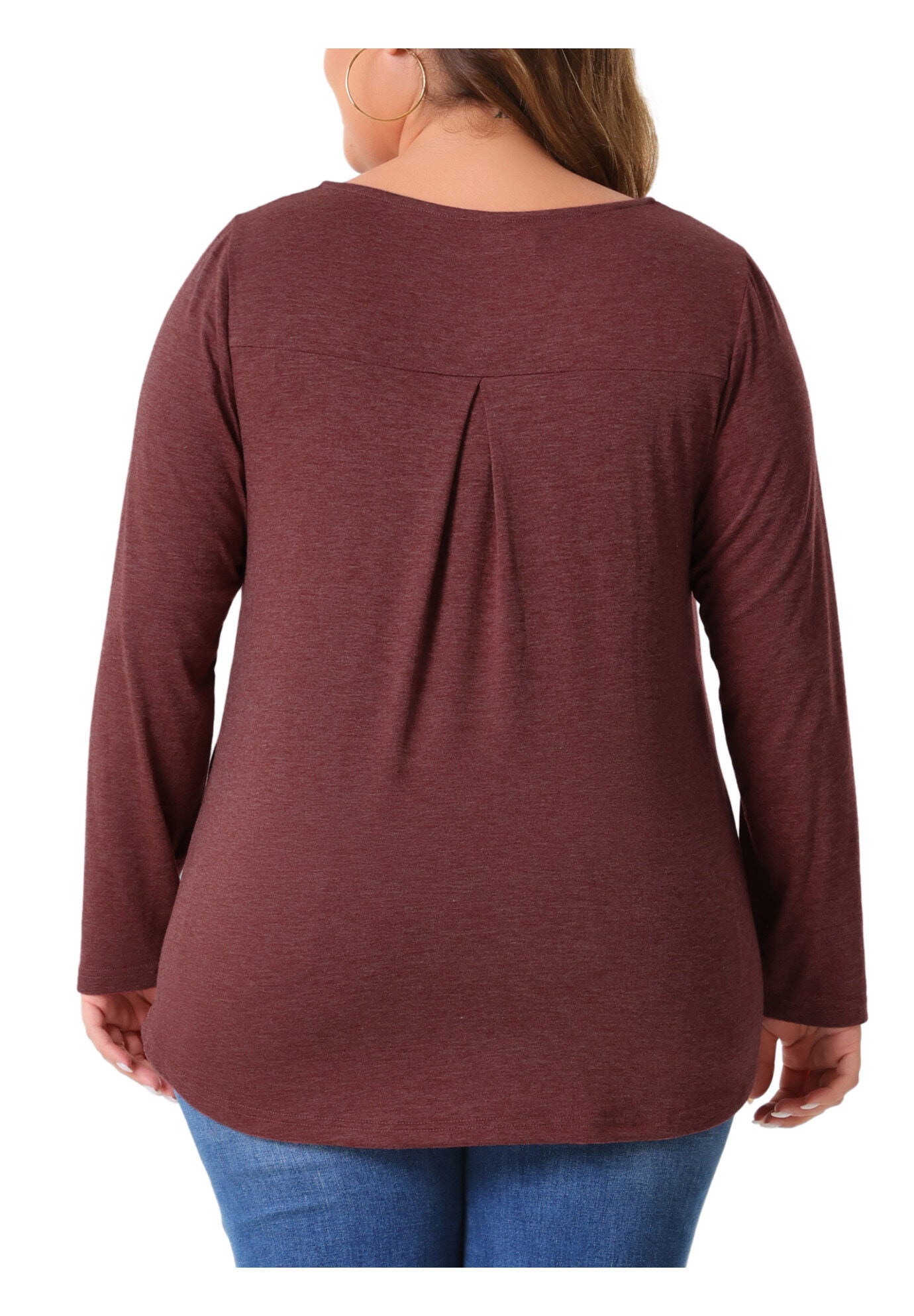 Notched Neck Long Sleeve Front Pleated Blouse, Burgundy / Burgundy, alternate image number 3