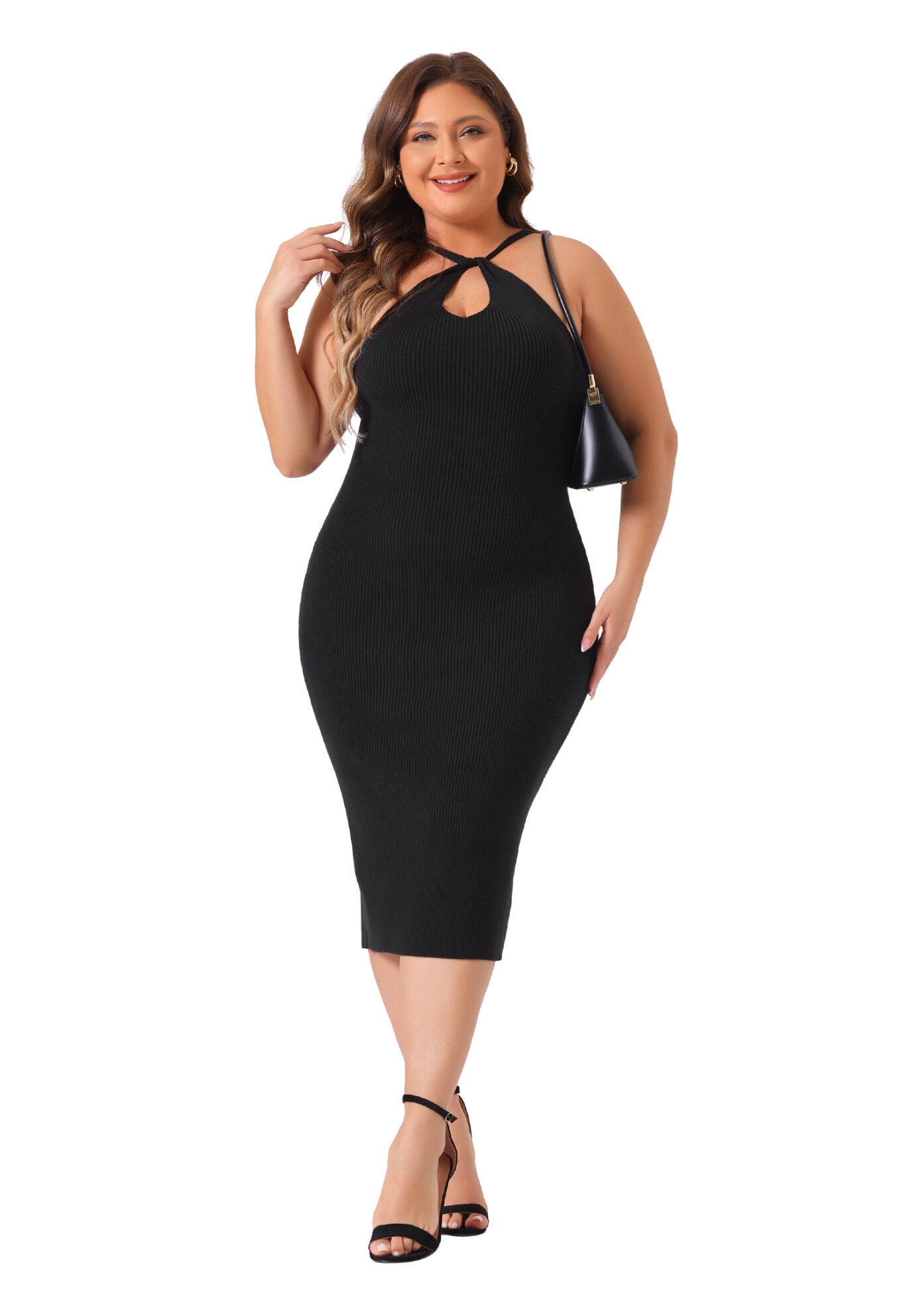 Twist Front Halter Neck Ribbed Sleeveless Bodycon Midi Sweater Dress, Black / Black, hi-res image number 0