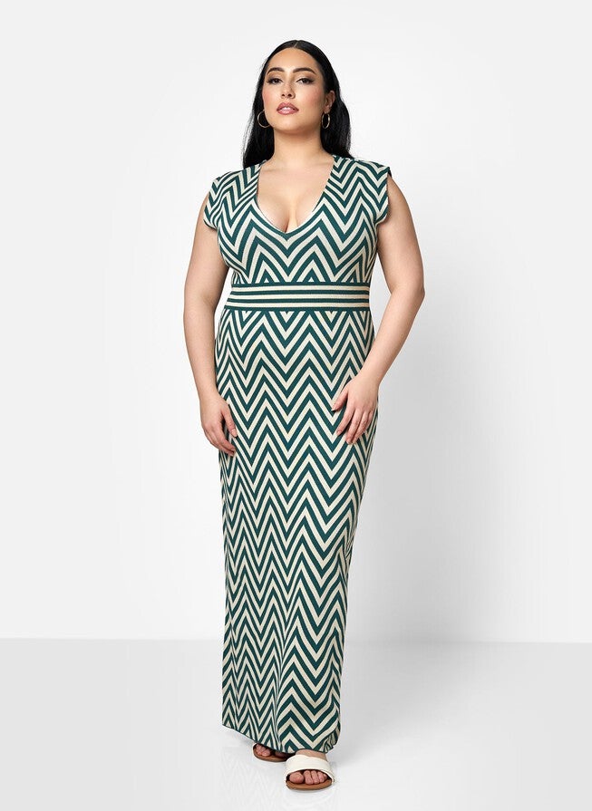 RACHIDA KNIT CHEVRON V NECK BODYCON DRESS, Multicolor / Azure Blue, alternate image number 1