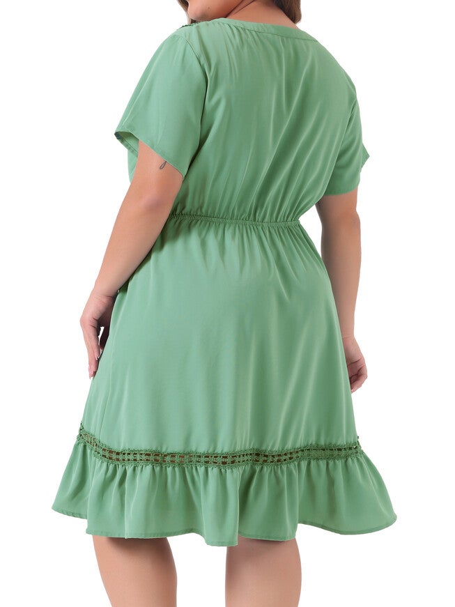 Button V Neck Summer Midi Ruffle A Line Swing Dress, Light Green / Light Green, alternate image number 3
