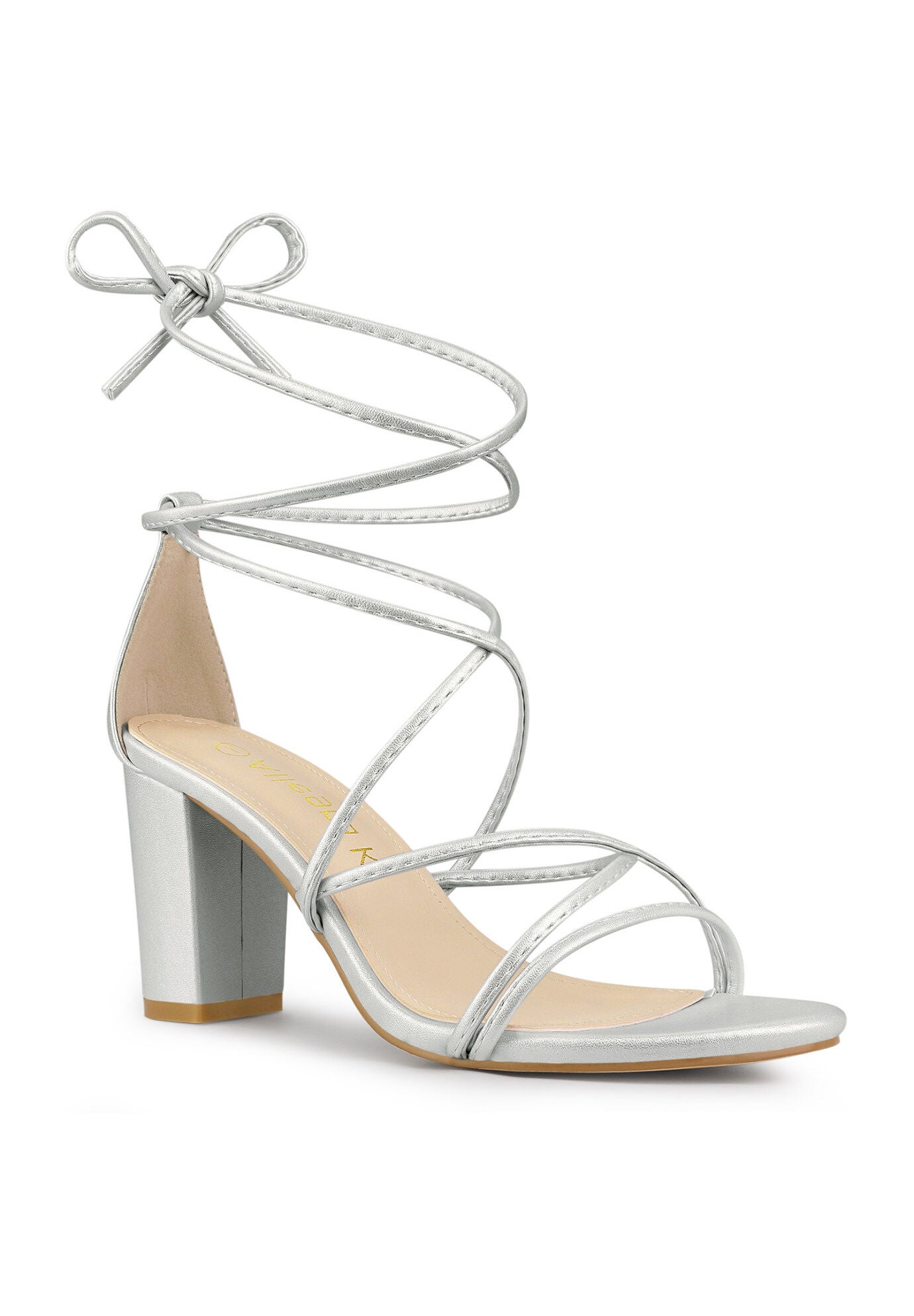 Strappy Lace Up Chunky Heeled Heels Sandals, Silver / Silver, hi-res image number 0