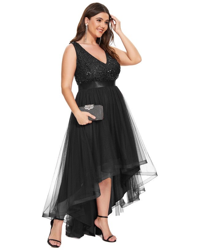 Sleeveless Sequin Ribbon Waist Tulle High Low Evening Dress, , alternate image number 7