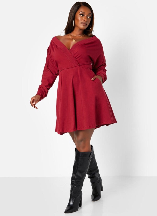 Class Flirt Cotton Off The Shoulder Mini Skater Dress with Pockets, Red / Red, alternate image number 1