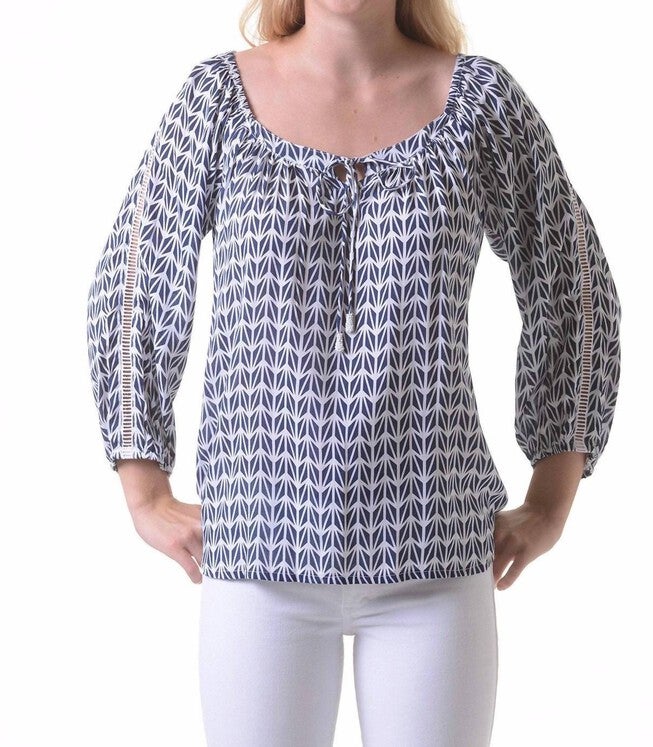 PEASANT TOP IN NAVY GEO, Navy Geo / Light Blue, hi-res image number 0