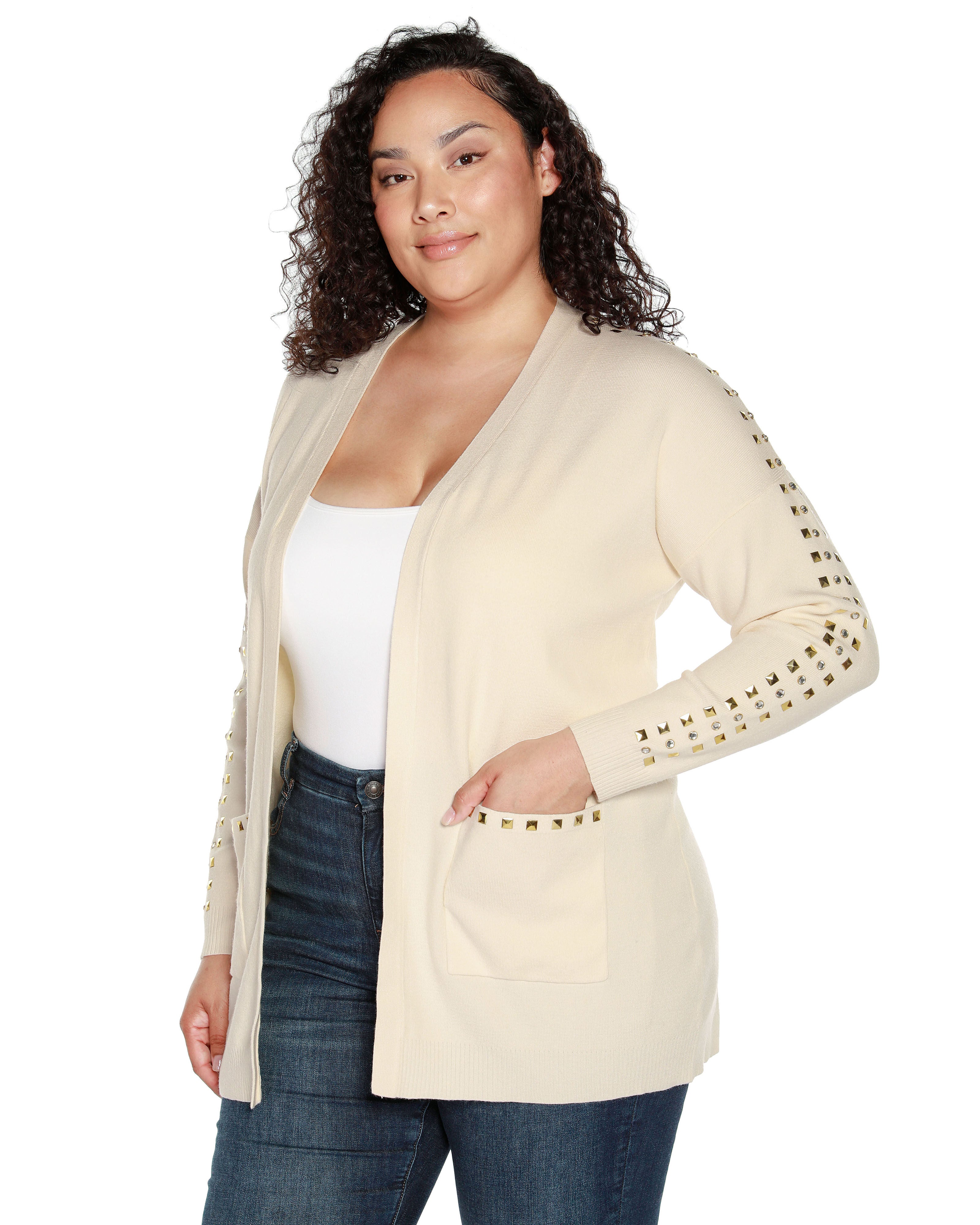 EMBELLISHED OPEN-FRONT CARDIGAN, Ecru / Ivory, alternate image number 2