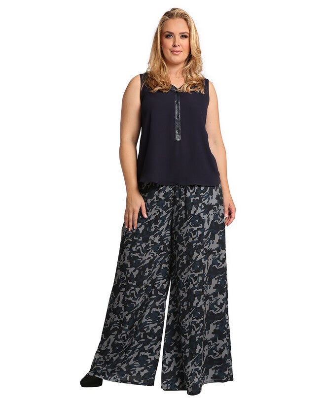 Plus Size Patricia Woven Chiffon Midnight Blue Palazzo Pant W Elastic Waist, , alternate image number null