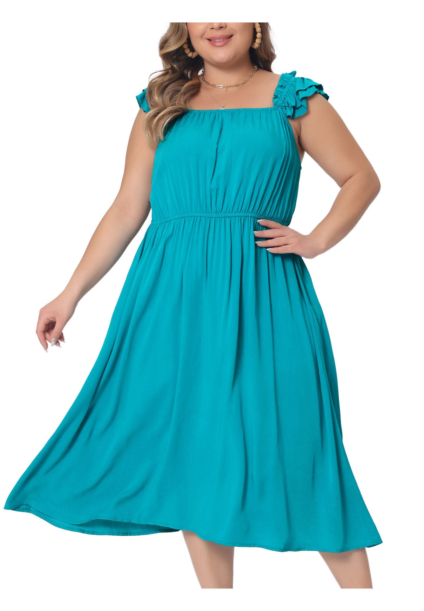 Ruffle Cap Sleeve Shirred Waist A Line Beach Sundress, Lake Blue / Teal, alternate image number 1
